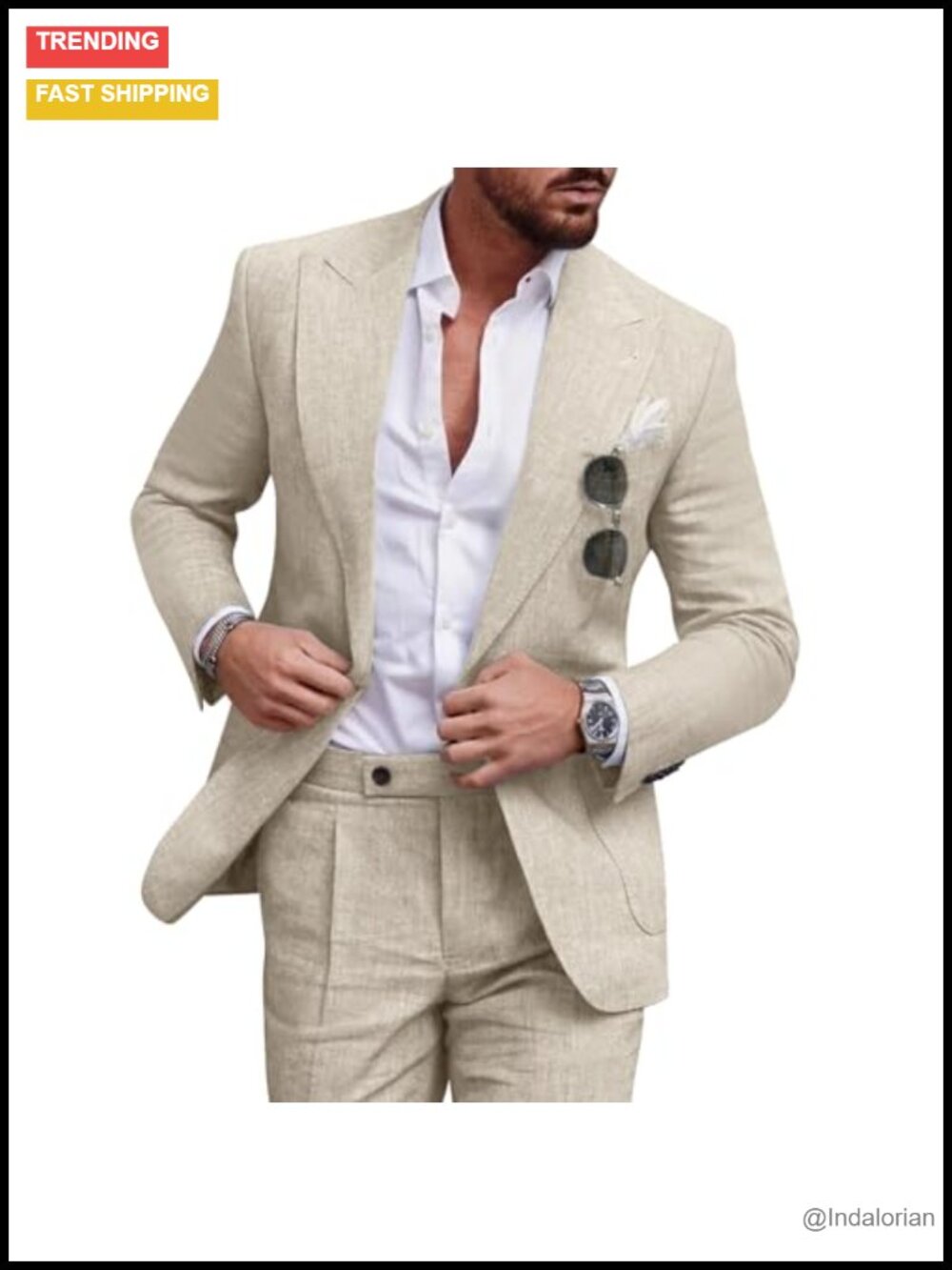Men's Linen Suits 2 Piece Slim Fit Formal Tuxedo Beach Wedding Suit